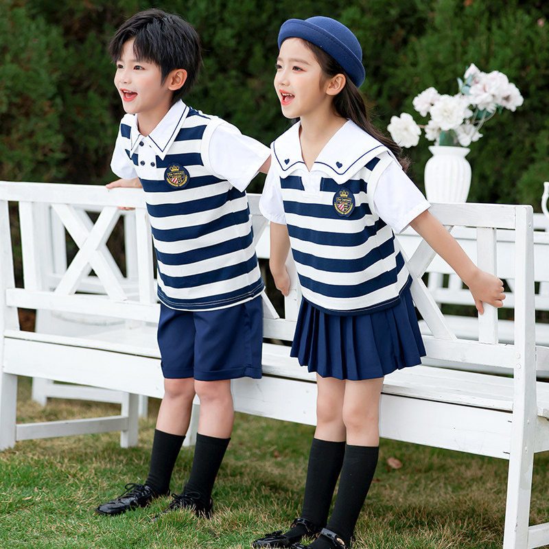 幼儿园园服新款英伦海军风夏季条纹短袖套装小学生校服班服运动服