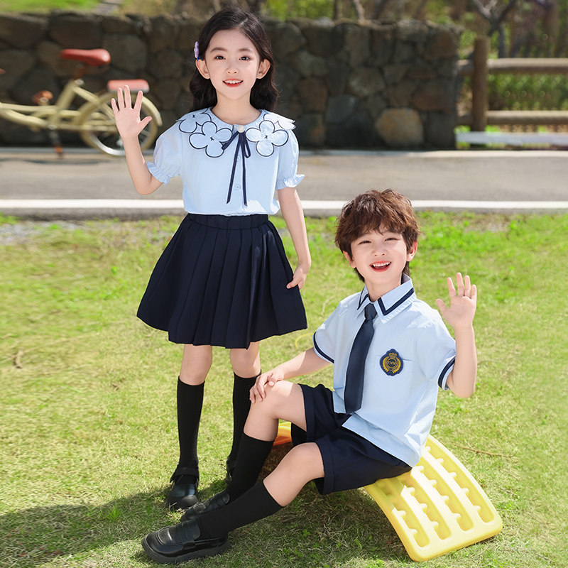 小学生校服2025新款夏季两件套儿童班服英伦学院风衬衫套装表演服