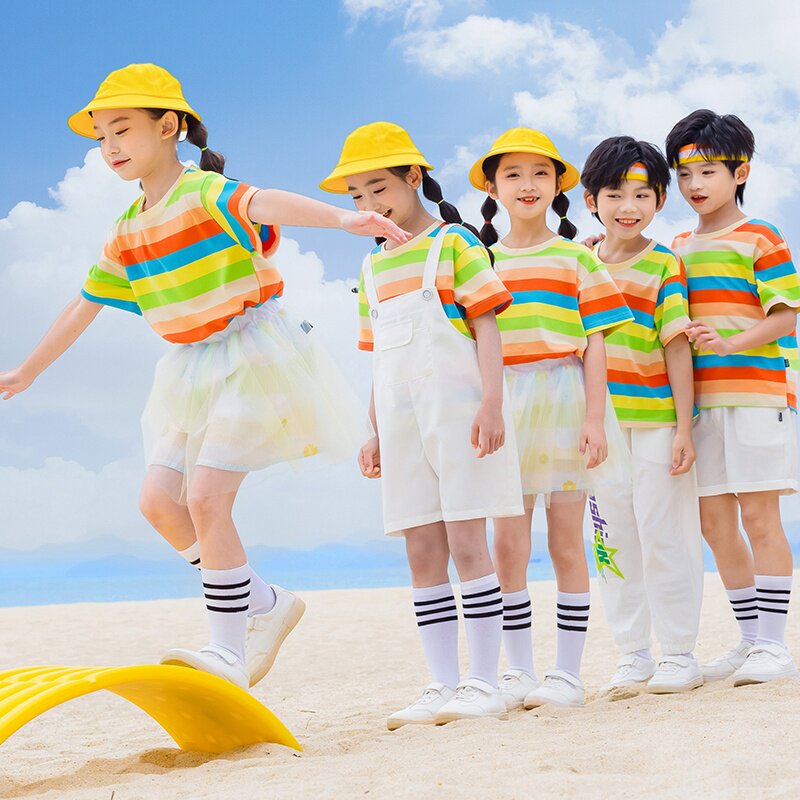 小学生夏季薄款纯棉短袖条纹T恤套装校服六一儿童节演出表演服装