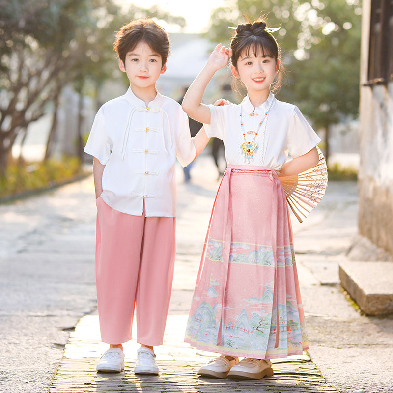 中国风服装马面裙套装男女六一儿童班服演出服唐装汉服古装表演服