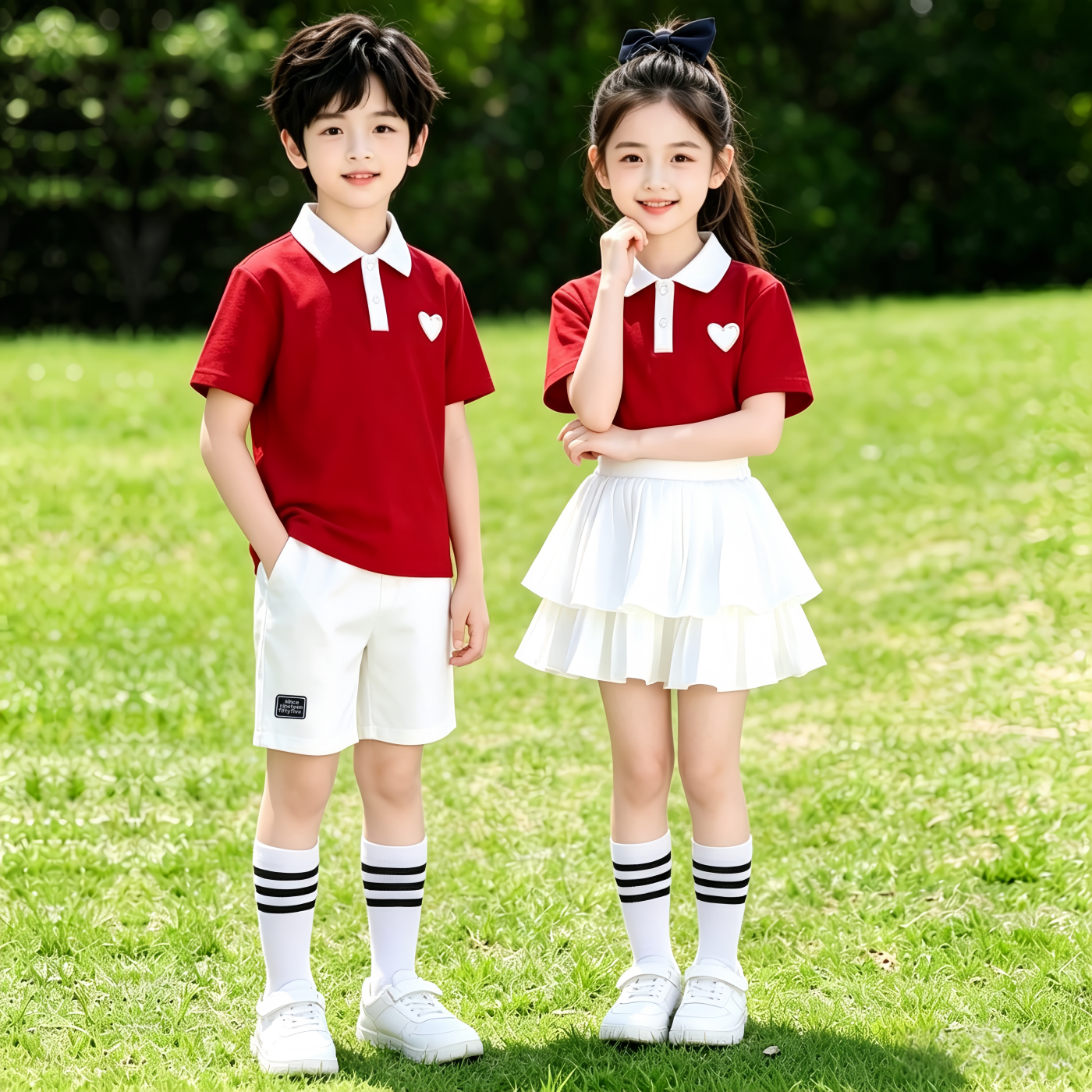 儿童校服套装小学生六一表演服学院风运动服红色短袖短裤蛋糕裙