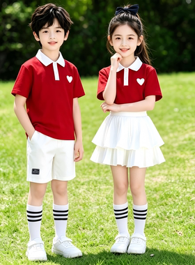 儿童校服套装小学生六一表演服学院风运动服红色短袖短裤蛋糕裙