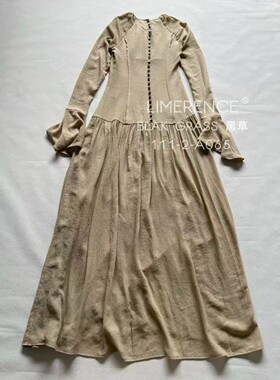 早秋浪漫温柔古典植物染素雅抽褶修身长款连衣裙 （无提花款