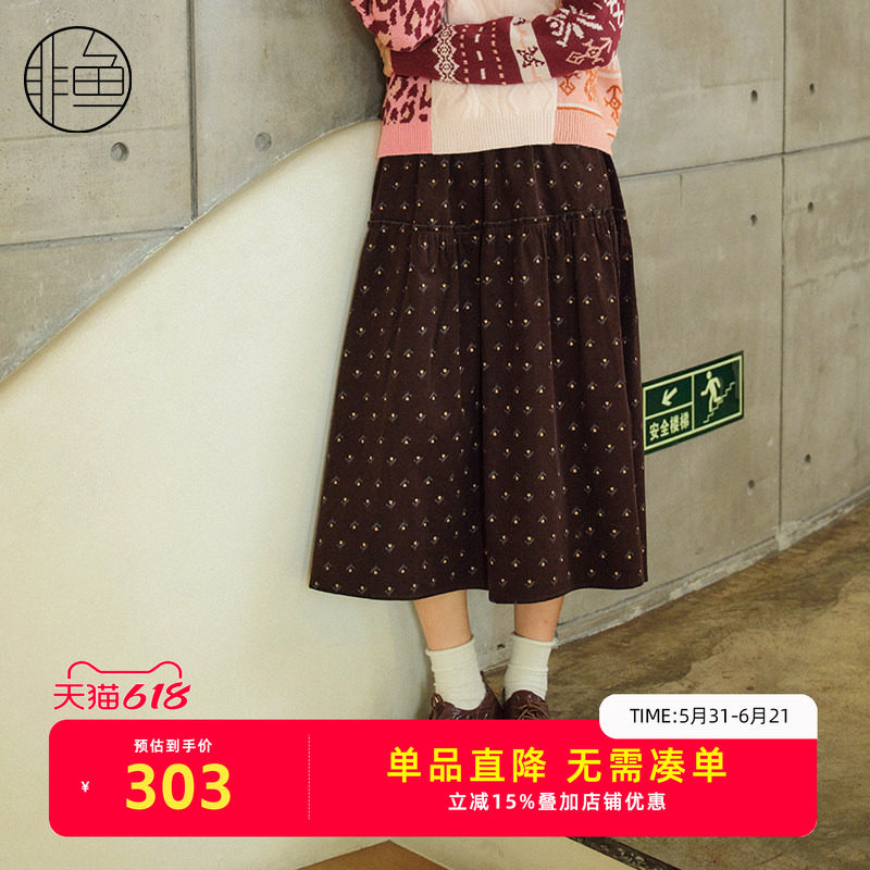 中长款灯芯绒碎花裙文艺复古风