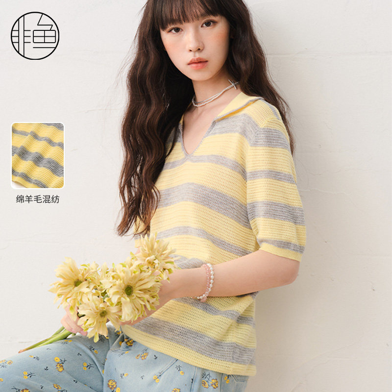 非鱼翻领毛衫文艺撞色条纹短袖弹力针织衫女2025春季新款上衣女