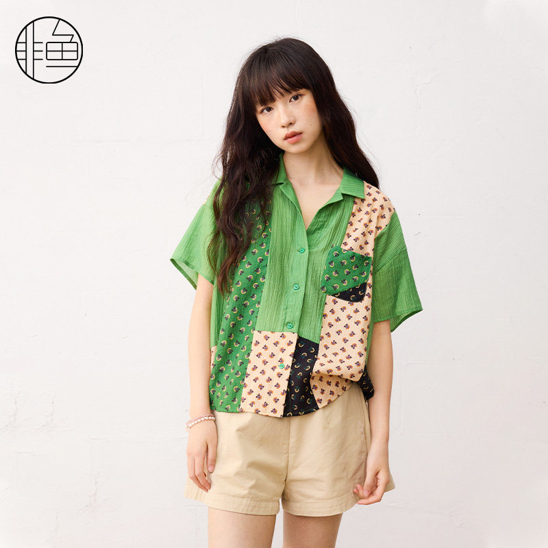 nononfish/非鱼文艺拼接短袖衬衫女夏新款休闲衫时尚短款上衣