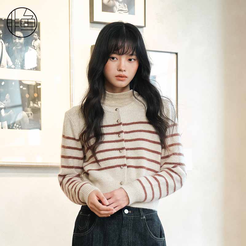 非鱼2024冬季文艺小清新条纹开衫毛衣百搭休闲女装毛衣外套