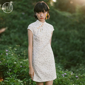 非鱼旗袍女夏季修身日常优雅气质改良文艺短袖印花女装连衣裙