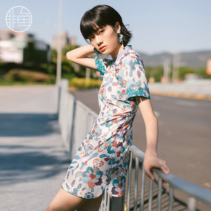 非鱼原创设计夏季新款改良旗袍连衣裙国潮风丝棉印花女装裙