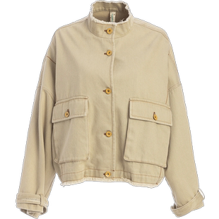 非鱼箱型外套早秋新款做旧洗水毛边工装短外套拼接绣花上衣潮