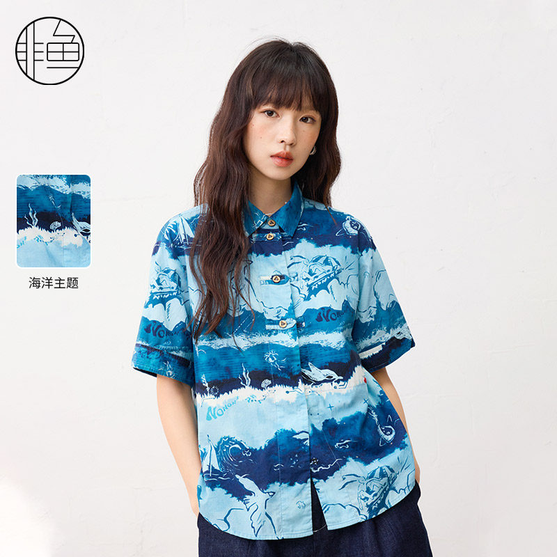 非鱼25文艺复古潮牌印花短袖女装小衫春季新款休闲外穿衬衫