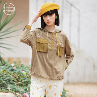 女潮薄款 非鱼洋气衬衫 春季 新款 直筒上衣绣花衬衣 连帽套头长袖