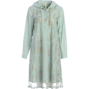 非鱼春秋长袖连衣裙刺绣文艺气质连衣裙减龄衬衫裙连帽时尚百搭裙