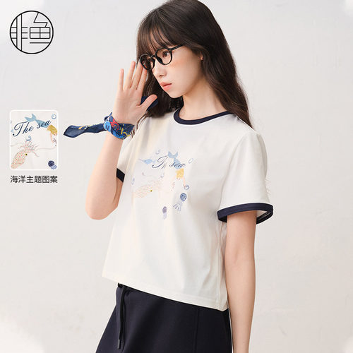 非鱼2025夏季新款撞色印花女T恤时尚百搭短袖T恤上衣NFLXT1097