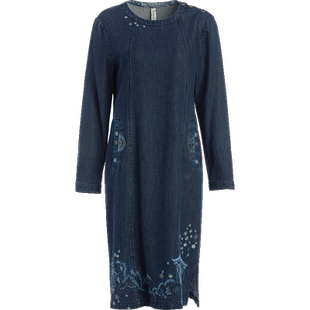 非鱼秋季新款牛仔连衣裙原创复古女装套头刺绣中裙文艺显瘦裙