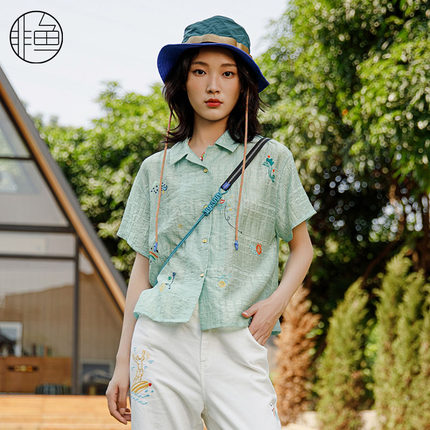 非鱼春夏新款双色衬衣文艺翻短袖绣花衬衫清新减龄女装上衣