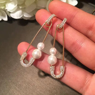 新款别针耳环回形针珍珠纯银耳针耳坠小众网红高级感个性耳饰