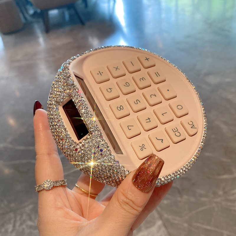 2025新款镶钻圆形粉色太阳能计算器高颜值学生老板娘办公室礼物品