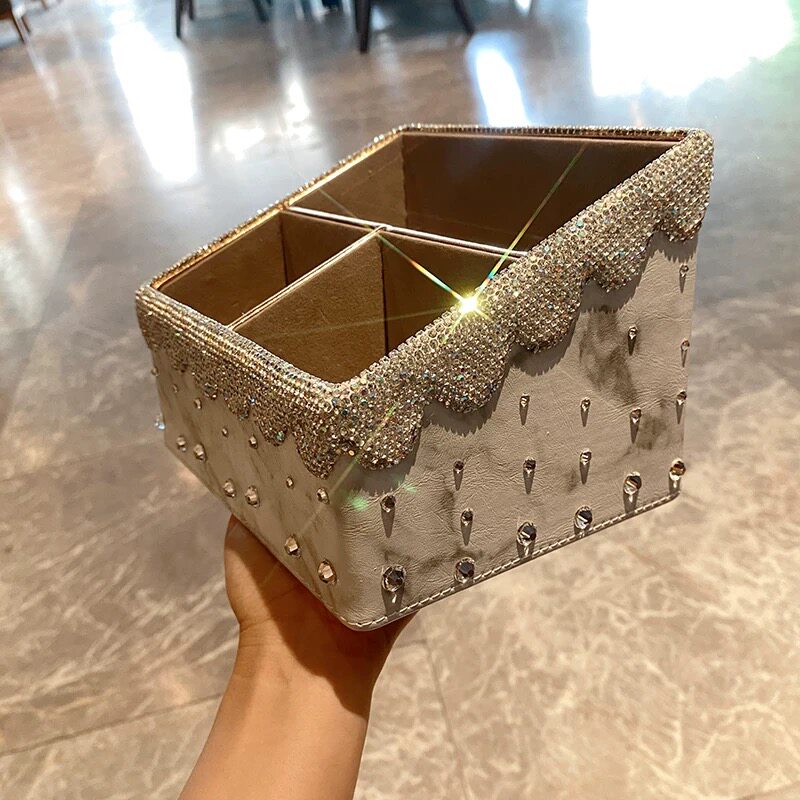 新款镶钻水钻桌面收纳盒创意欧式旋转遥控器/化妆品收纳盒整理箱