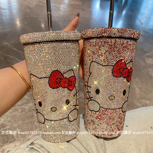 高颜值精致高级感新奢华KT镶钻可爱卡通保温杯女生日礼物吸管水杯