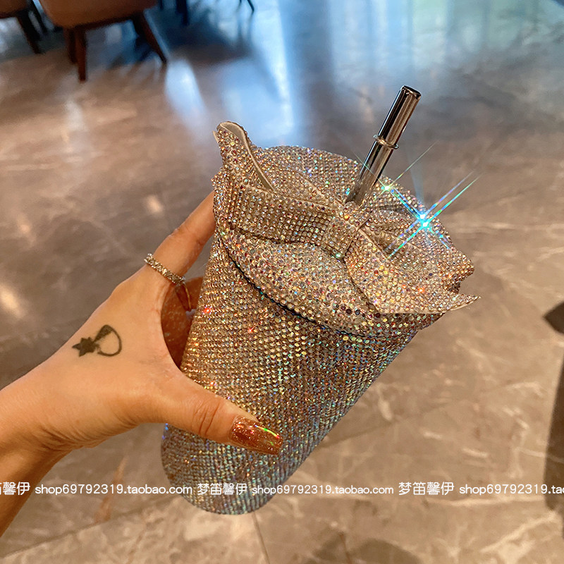 高颜值精致高级感礼物大蝴蝶结轻奢镶钻吸管杯保温冷咖啡新款水杯