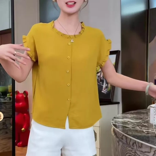 夏款时尚休闲百搭宽松衬衫常规纯色气质潮流女士短袖