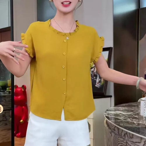 夏款时尚休闲百搭宽松衬衫常规纯色气质潮流女士短袖
