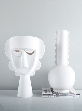 北欧创意白色树脂人脸花瓶摆件现代客厅样板房插花器家居软装饰品