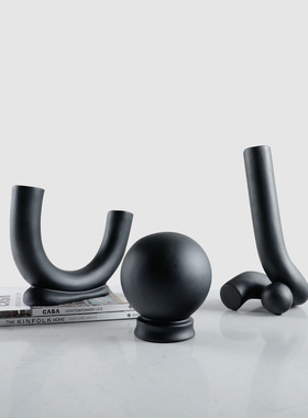 现代简约黑色创意极简弯管花器摆件样板房客厅电视柜插花干花软装