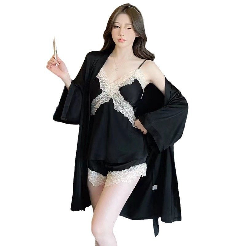 睡衣女春夏新款缎面冰丝吊带睡裙睡袍短裤三件套带胸垫家居服清凉,女士内衣/男士内衣/家居服,睡袍/浴袍,淘宝优惠券,粉丝福利购,淘宝优惠卷