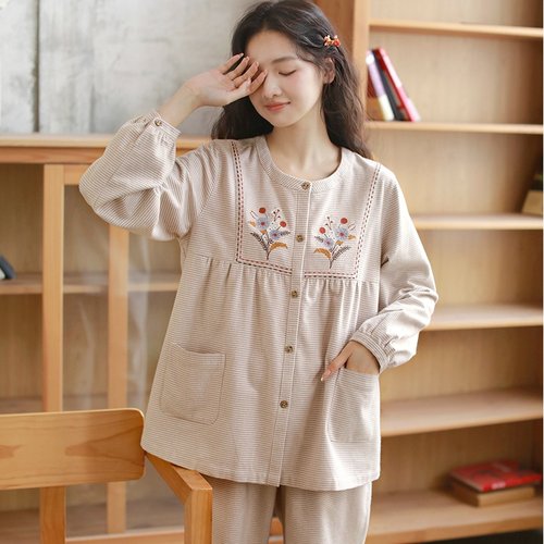 秋季睡衣女新款纯棉磨毛感女士刺绣全棉磨毛居家秋冬季套装