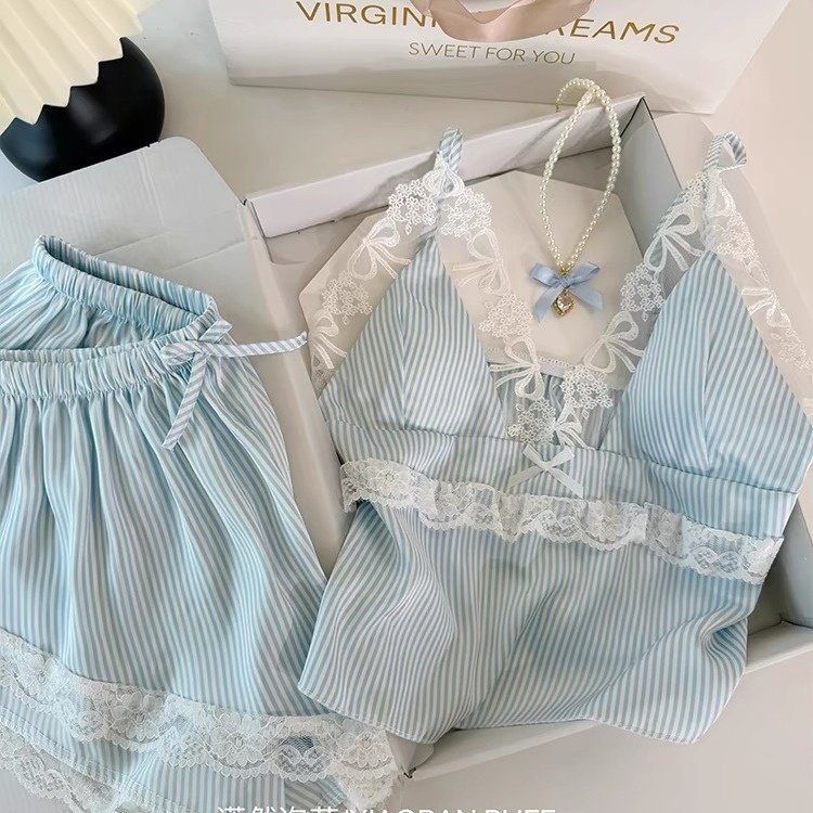 性感条纹睡衣女带胸垫春夏冰丝两件套装吊带短裤家居服2024新款,女士内衣/男士内衣/家居服,睡袍/浴袍,淘宝优惠券,粉丝福利购,淘宝优惠卷