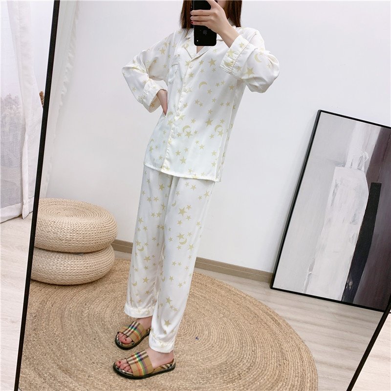 新款女士家居服两件套 春夏季缎面雪纺睡衣 开衫翻领长袖长裤