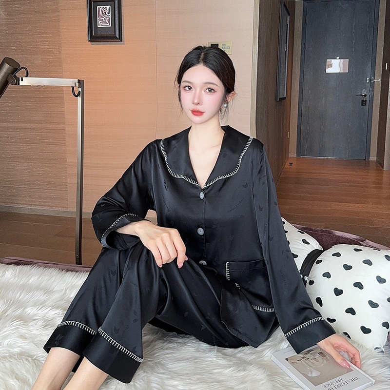 新款春夏女士冰丝简约长袖睡衣套装薄款轻奢法式家居服可外穿