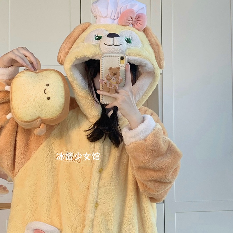 黄油饼饼毛毯可爱卡通连帽厨师狗睡袍毛绒贝儿加厚珊瑚绒睡衣套装