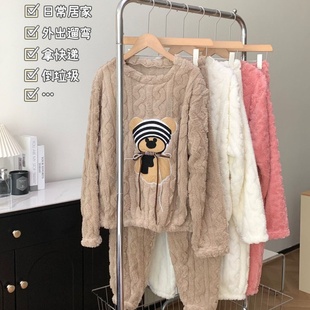 秋冬呆呆熊睡衣套装女加绒加厚宽松长袖保暖珊瑚绒家居服厂家直销