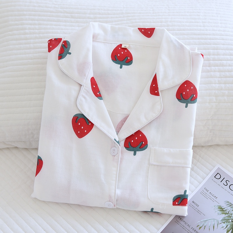 春季草莓纱布花家居服套装棉质透气吸汗衣长袖长裤睡衣套装