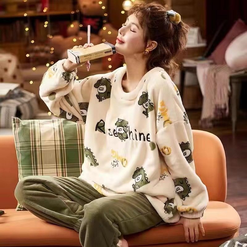 法兰绒睡衣女冬两件套韩版甜美可爱学生秋冬珊瑚绒加绒加厚
