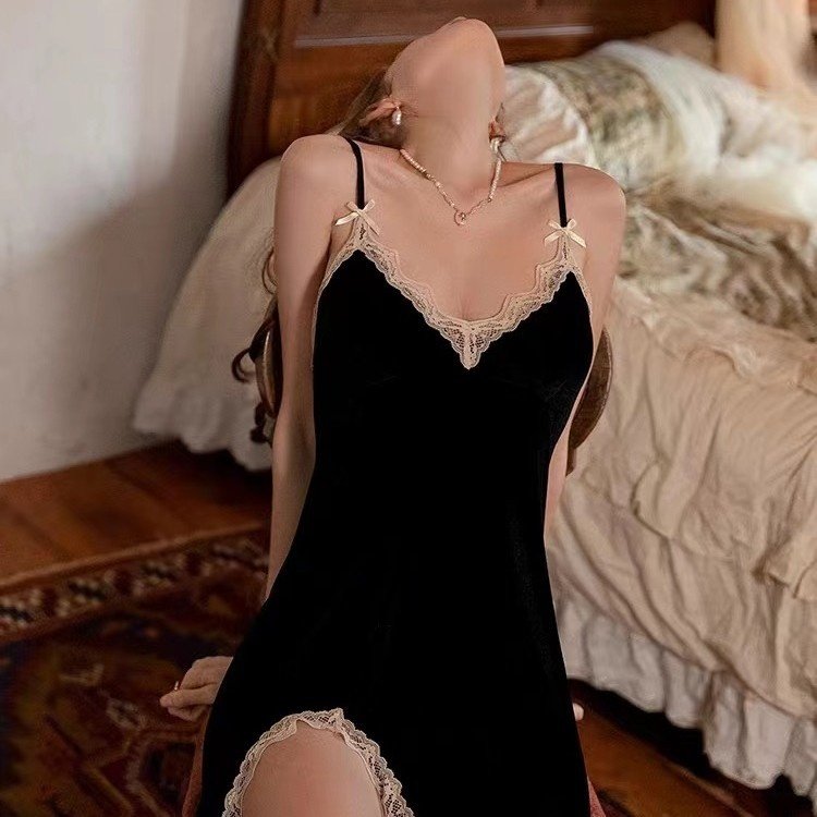 A6283秋冬新款丝绒性感睡衣带胸垫纯欲仙女风吊带睡裙家居服套装,女士内衣/男士内衣/家居服,睡袍/浴袍,淘宝优惠券,粉丝福利购,淘宝优惠卷