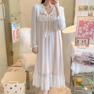 仙女风人棉网纱睡裙女蕾丝花边蝴蝶结长袖 睡裙公主家居服 新款 春季