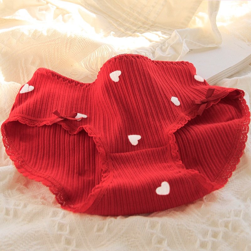 喜庆大红色内裤女纯棉裆里本命年牛年结婚女士甜美蕾丝红短裤C011