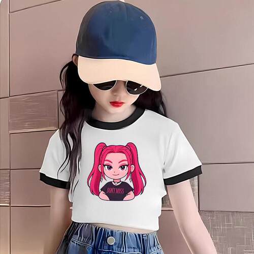 猎魔女团女童短款修身T恤纯棉Kpop印花中大童女孩夏季辣妹上衣