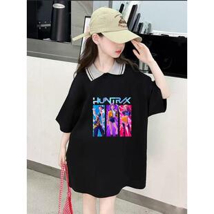 上中长款Polo猎魔衫连身女孩裙KPOP夏季女团洋气T恤儿童女童短袖