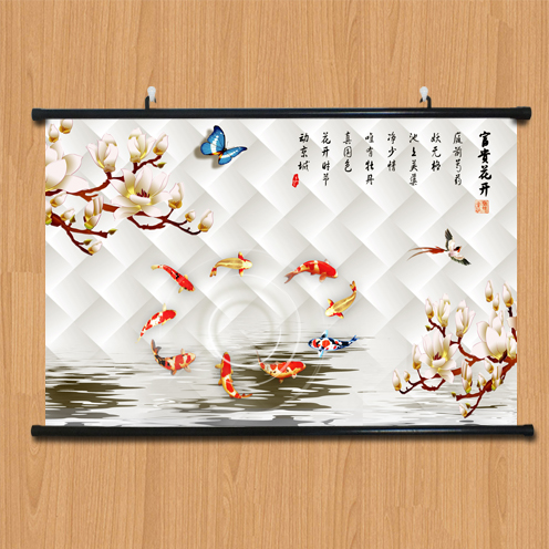 现代新中式荷花九鱼图装饰画客厅餐厅竖版走廊过道壁画玄关挂画图片