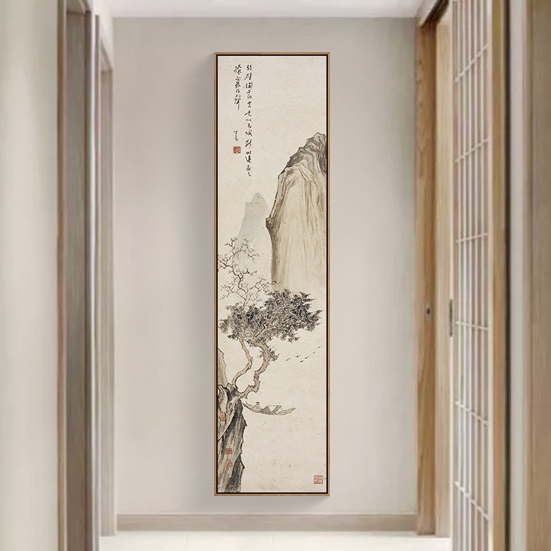 新中式山水画玄关装饰画客厅走廊壁画竖条屏国画书房茶室禅意挂画