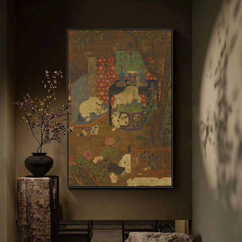 新中式玄关装饰画戏猫图中古风客厅沙发背景墙会所茶室仿复古挂画