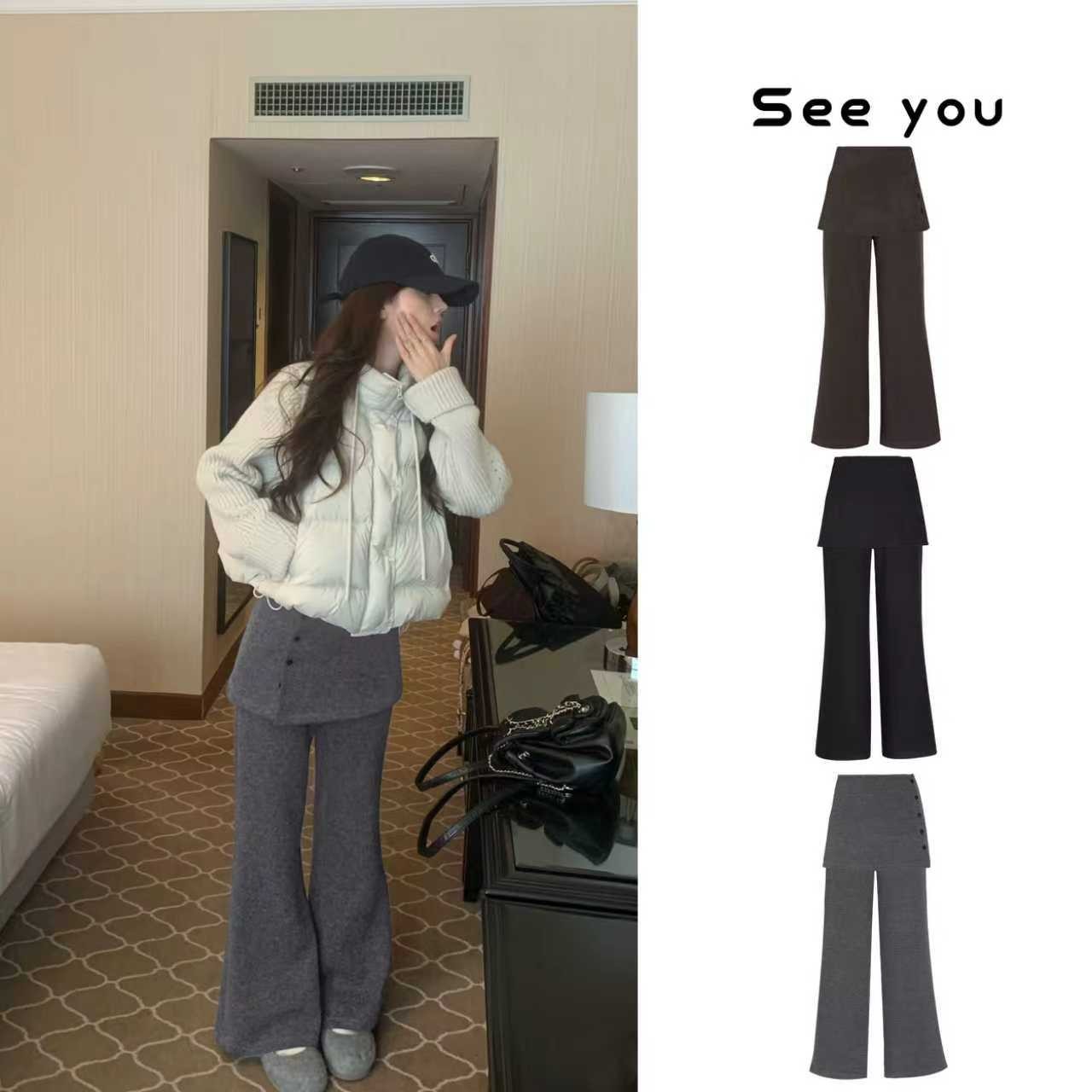 2025秋冬百搭休闲裤女可拆卸屁帘垂感显瘦加绒阔腿裤子ins