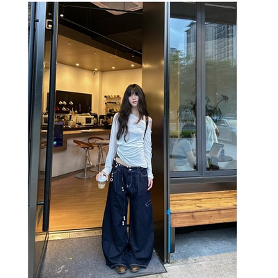 蓝色牛仔裤弯刀裤拖地裤子长裤女