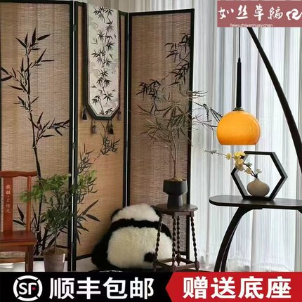 如丝草编屏风阳台改造新中式隔断茶楼国风竹影客厅装饰背景围挡墙