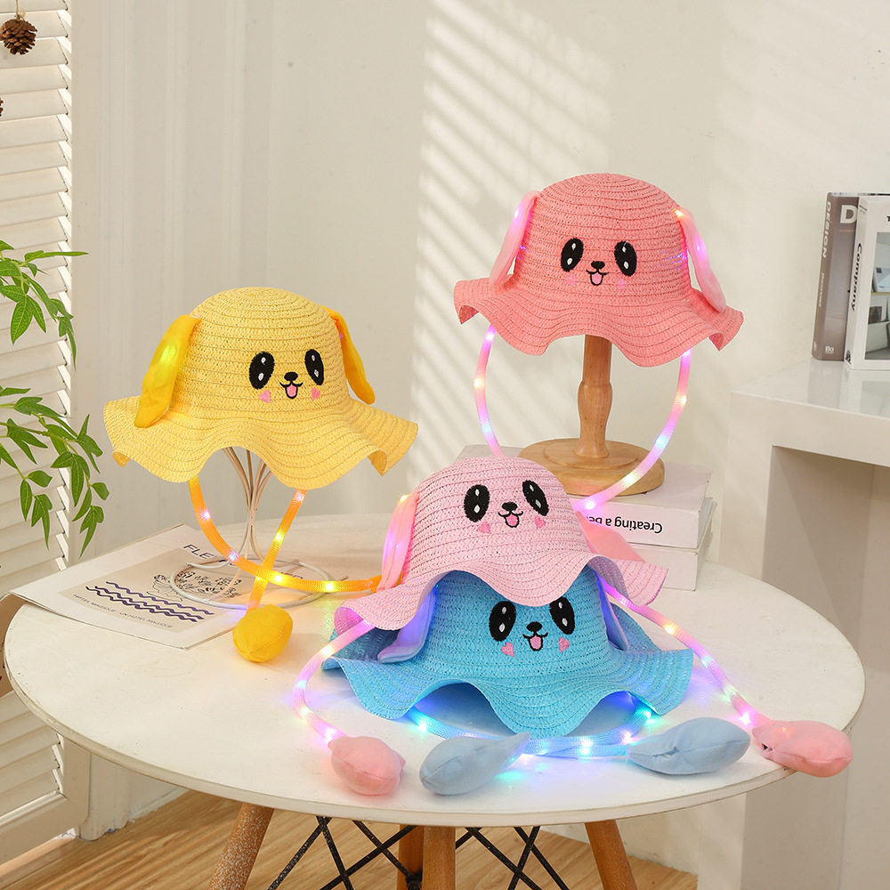 夏季儿童遮阳帽可爱好玩会动耳朵的帽子卡通兔子帽防晒草帽